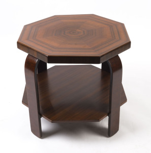 An Art Deco hexagonal walnut two tier occasional table, circa 1930s, 54cm high, 60cm wide, 60cm deep