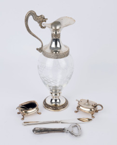 An Italian silver plate mounted etched glass wine jug with serpent handle, mid 20th century, 30cm high (lacks stopper), plus several other plated items.