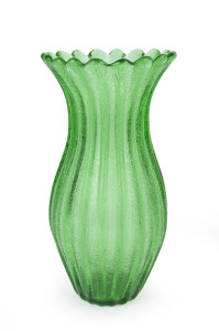 ARCHIMEDE SEGUSO "Corroso" green glass vase, with original foil label "Murano, Made in Italy", 33cm high