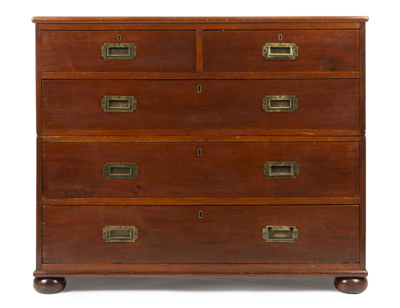 An antique English campaign chest of drawers, mahogany and brass, early to mid 19th century, 84cm high, 101cm wide, 49cm deep