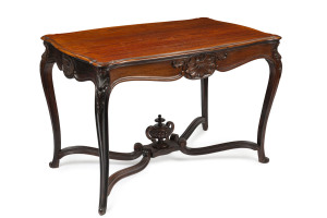 An antique French carved rosewood centre table with single drawer, 19th century, 77cm high, 117cm wide, 72cm deep