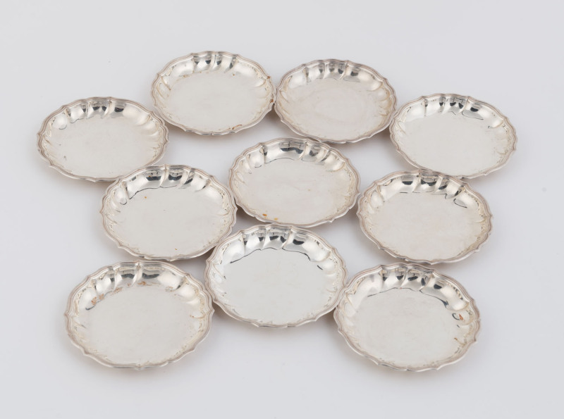 Set of 10 Danish (830) silver wine coasters by Carl M. Cohr, 20th century, 9.5cm diameter, 360 grams