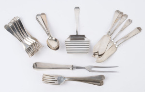 German silver Art Deco styled fish knives and forks (6 of each), dessert spoons and forks (6 of each), a carving fork and an asparagus server, circa 1920s, (26 pieces), over 1400 grams.