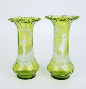 MARY GREGORY pair of green glass mantel vases, 19th century, ​21cm high
