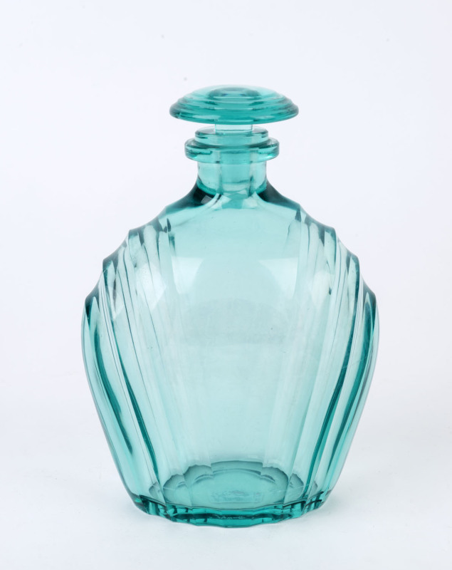 MOSER Art Deco aquamarine glass decanter, circa 1925, acid etched mark "Moser, Karlsbad", 22cm high