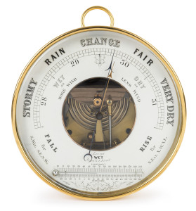 An antique brass porthole barometer with mercury thermometer, 19th century, ​20cm diameter