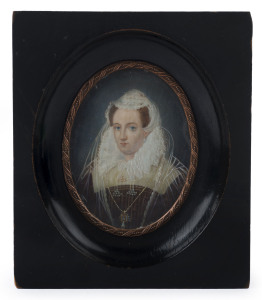 An antique miniature portrait of a lady, 19th century, ​14 x 12cm overall