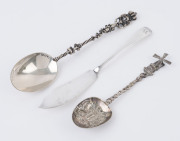 A sterling silver anointing spoon in box, sterling silver pate knife and souvenir spoon, (3 items), the largest 16cm long