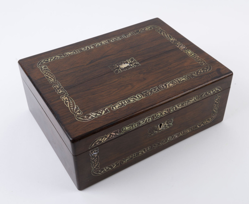 An antique English rosewood deed box with mother of pearl inlay, mid 19th century, ​12cm high, 30cm wide, 23cm deep