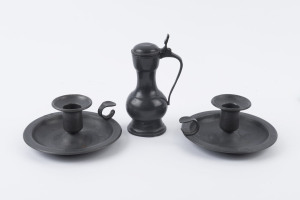 A pair of antique pewter candle holders together with miniature jug, (3 items), the jug 15cm high