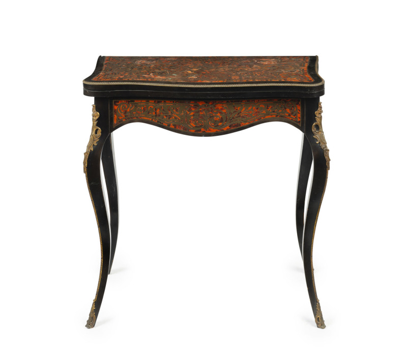 An antique French boule fold-over card table, 19th century, ​76cm high, 72cm wide, 40cm deep