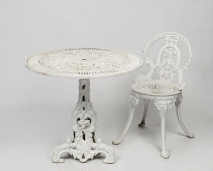 A vintage reproduction painted metal garden table and chair, circa 1950, (2 items), the table 67cm high, 76cm diameter