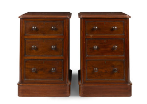 A pair of three drawer bedside chests with mahogany stain, ​67cm high, 45cm wide, 54cm deep