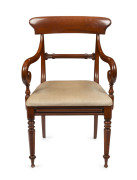 An English mahogany spade back carver chair with tapering hexagonal form legs, circa 1835, 58cm across the arms