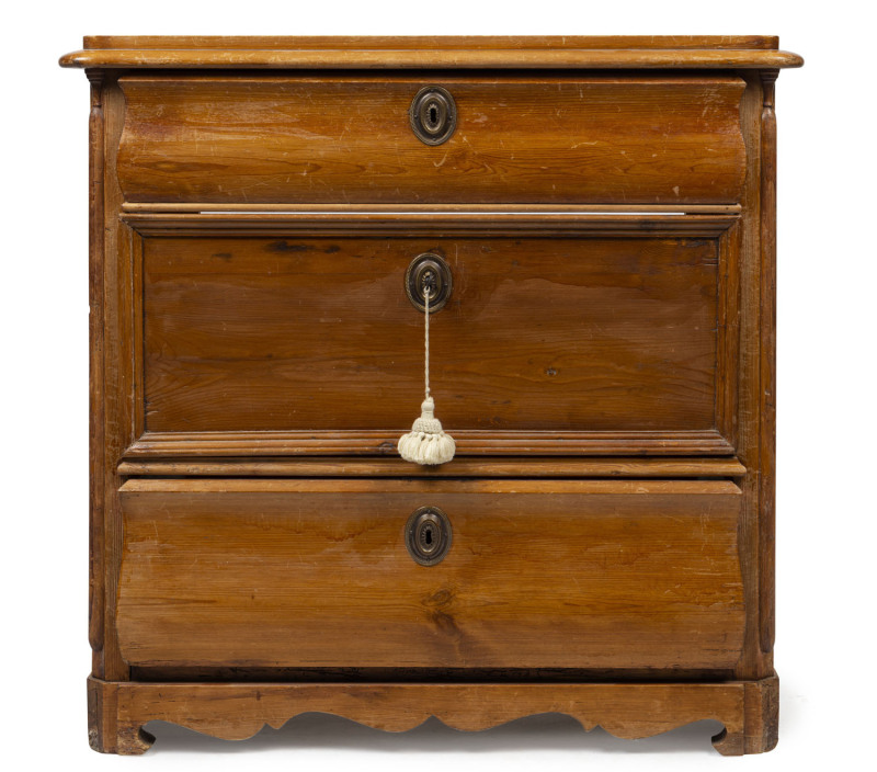 An antique Scandinavian pine three drawer chest, early 19th century, 90cm high, 92cm wide, 51cm deep