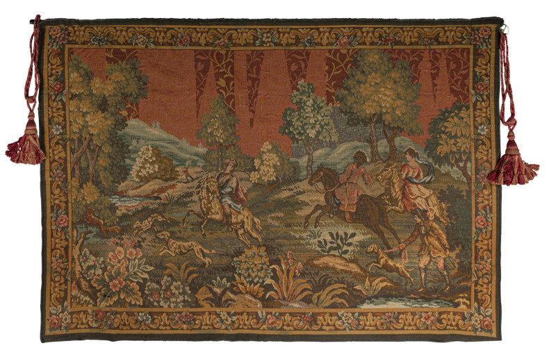 A Belgian tapestry wall hanging with hunting scene, 160 x 225cm