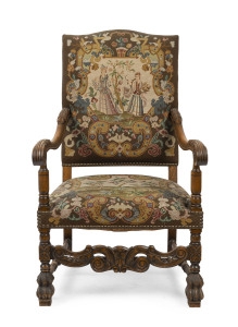 An antique French carved walnut armchair with tapestry upholstery, 19th century, ​64cm across the arms