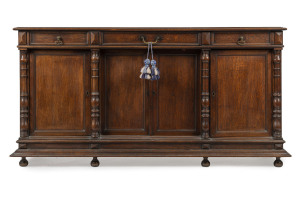 An antique French provincial four door oak buffet, 19th century, 101cm high, 199cm wide, 51cm deep