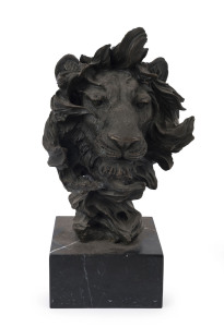 A bronze lion bust on marble stand, 20th century, 38cm high