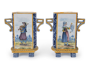 QUIMPER French earthenware pair of mantel vases, 25cm high, 22cm wide