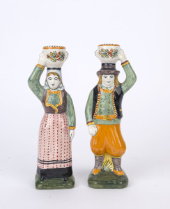 QUIMPER French earthenware pair of figural candle sticks, 21cm high