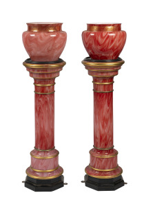 LOETZ stunning pair of Bohemian hand blown glass jardinières and matching glass pedestals, circa 1880, 132cm high overall, 35cm wide