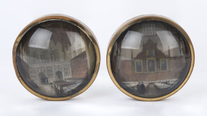 A pair of antique glass paperweight plaques with Oxford University scenes, 19th century, 9cm diameter