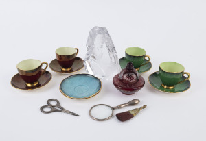 Carlton Ware coffee cups and saucers, Bohemian ruby glass jar, silver and brass utensils and a glass sculpture, 19th and 20th century, (15 items), the largest 16cm high