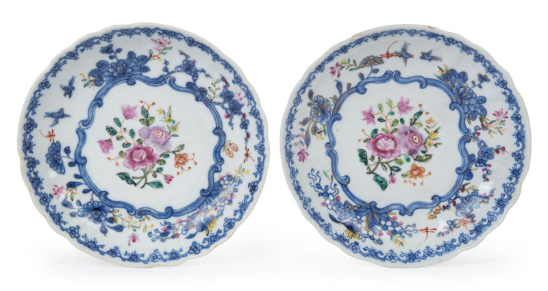 A pair of Chinese export ware porcelain dishes, 18th century, with British Antique Dealers Association label and Sotheby's auction label, 14.5cm diameter