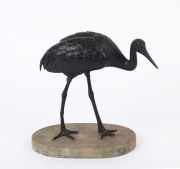 A Japanese bronze crane statue on alabaster base, Meiji period, 24cm high, 24cm wide