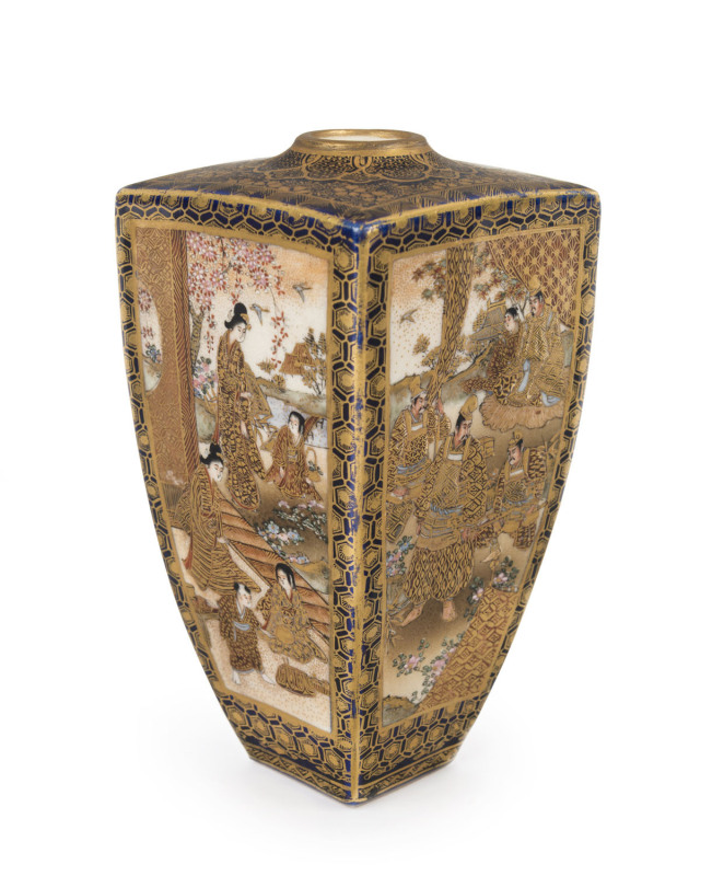 SATSUMA Japanese earthenware vase adorned with four panels of figurative decoration with embossed gilt finish, Meiji period, seal mark to base, 14.5cm high