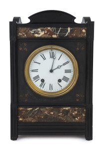 An antique French mantel clock, twin train time and strike movement in black slate and rouge marble case, 19th century, 41cm high