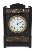 An antique French mantel clock, twin train time and strike movement in black slate and rouge marble case, 19th century, 41cm high