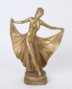 Art Deco chalk ware figural statue of a lady, painted in gold, height 39cm.