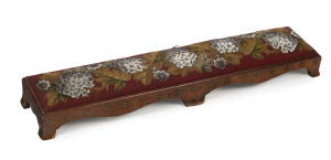 An antique English walnut footstool with beadwork top and applied brass decoration, circa 1870, 16cm high, 122cm wide, 25cm deep