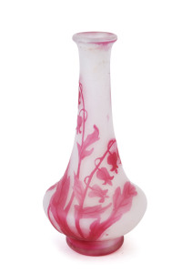 DEVEZ French cameo glass stem vase with white frosted ground and pink "Bleeding Heart" floral decoration. circa 1900, 14.5cm high.