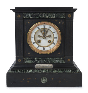 An antique mantel clock, twin train movement with open escapement in black slate and green marble case, 19th century, 28cm high