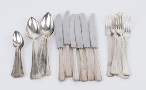 Polish silver Art Deco styled knives, forks, soup spoons and tea spoons, 6 of each, by Gerlach, Warsaw, circa 1920, (24 pieces), over 1000 grams.