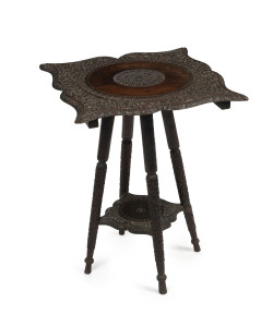 An antique Indian occasional table, ornately carved padouk, 19th century, 60cm high, 45cm wide, 45cm deep