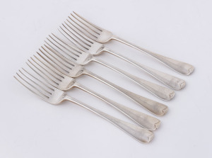 A set of six sterling silver dinner forks, by Holland, Aldwinckle & Slater, 1907,