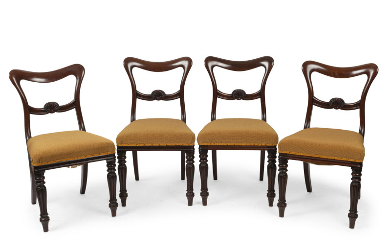 Set of four William IV mahogany saddleback dining chairs with carved lotus decorated legs, circa 1840, stamped "BULSTRODE, 59 Paddington Street, Marylebone",