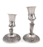 A rare pair of antique Burmese silver goblets supported by solid cast male and female figurines dressed in elegant costumes of the Konbaung Court (1752-1885), Rangoon, Burma, 1880-1890, Male 18.8cm, 594 grams. Female 23.4cm, 674 grams. - CLICK HERE FOR DE