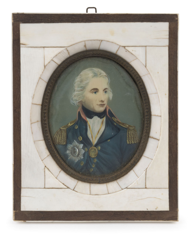 LORD NELSON miniature portrait in piano ivory frame, ​14 x 11cm overall