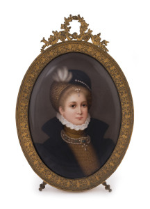 K.P.M. "PHILIPPINE WELSER" antique German porcelain plaque in original gilt metal frame, 19th century. Philippine Welser (1527-1580) was the morganatic wife of the Archduke of Austria, Ferdinand II. 25cm high overall