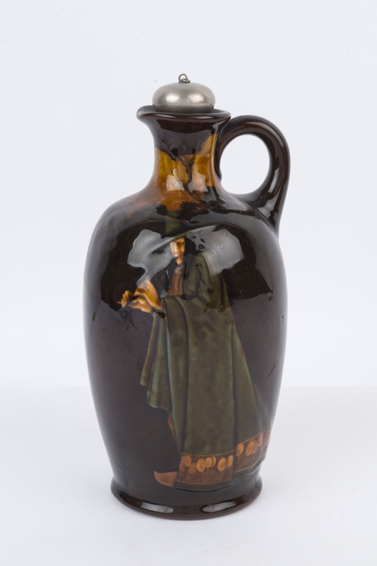 ROYAL DOULTON Kingsware "Pied Piper" decanter with original stopper, early 20th century, stamped "Royal Doulton England", ​23cm high