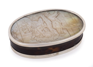 A Georgian snuff box, sterling silver and tortoiseshell with engraved mother of pearl top, circa 1790, ​11.5cm wide