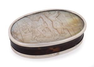 A Georgian snuff box, sterling silver and tortoiseshell with engraved mother of pearl top, circa 1790, 11.5cm wide