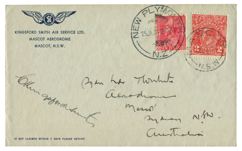 KINGSFORD SMITH & THE SOUTHERN CROSS FLY TO NEW ZEALAND: January 1934. A Kingsford Smith Air Service Limited envelope carried on the third trans-Tasman flight in the "Southern Cross", cancelled before departure at MASCOT on January 12th, and cancelled on