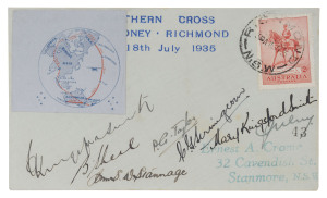 THE LAST FLIGHT OF THE "SOUTHERN CROSS". Another example of the envelopes flown and fully signed by all on board the "Southern Cross". This envelope is numbered "43" and bears the very scarce IMPERFORATE form of the round-the-world route map vignette.