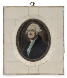 GEORGE WASHINGTON portrait miniature in piano ivory and mother of pearl frame, ​14.5 x 12.5cm